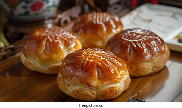 Close Up of Four Golden Brown Buns
