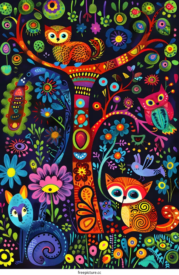 Colorful Illustration of Animals and Flowers in a Forest