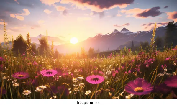 Sunset Meadow with Distant Mountains