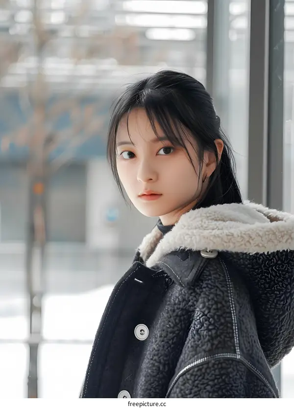 Young Asian Woman in a Black Jacket
