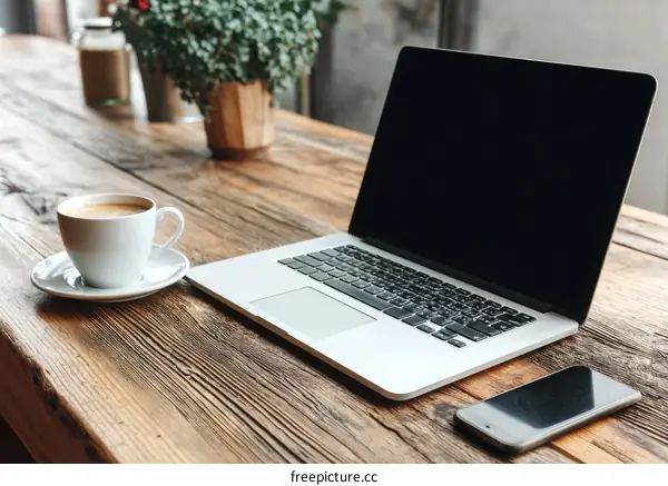 Rustic Wooden Table Workspace with Laptop and Coffee Cup