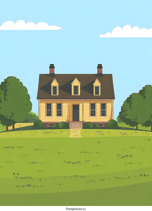 Yellow House with Brown Roof Illustration