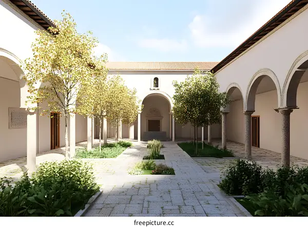 White Courtyard with Green Trees and Stone Pavement