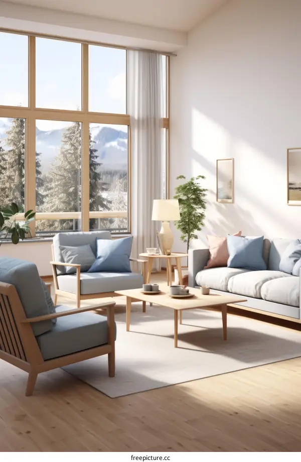 Airy and bright living room with large windows and a mountain view