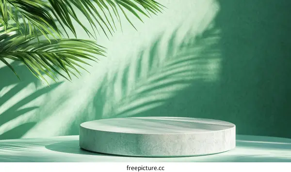 Minimalist Pastel Green Product Display Background with Tropical Leaves