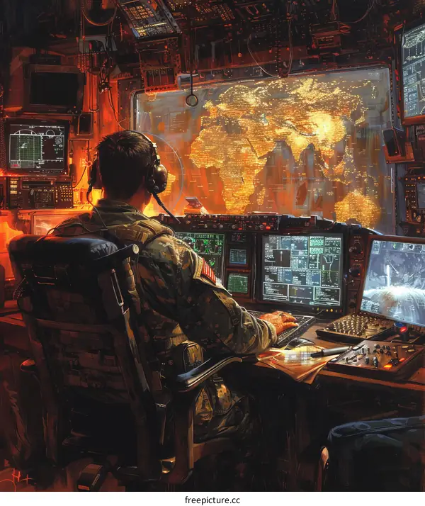Soldier operating a military control panel with screens showing a map of the world