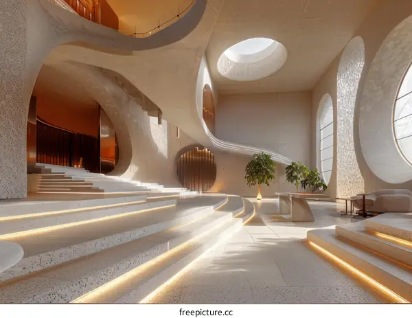 Futuristic hotel lobby interior with curved staircase and large windows