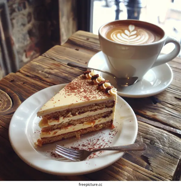 A delicious slice of cake and a cup of coffee on a wooden table