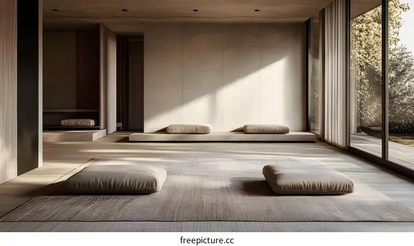 Modern Minimalist Zen Room Interior Design with Natural Light and Wooden Floor
