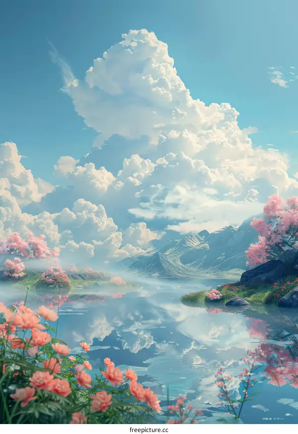 Dreamlike Mountain Lake Scenery with Blossoms
