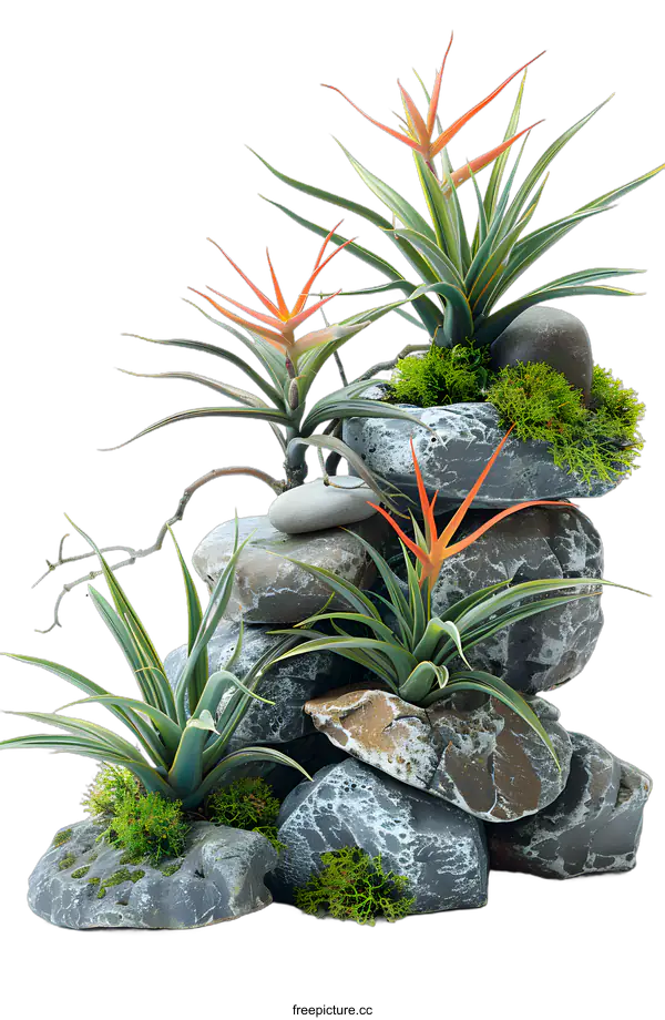 [Transparent Background PNG]Air Plants in Stone Arrangement