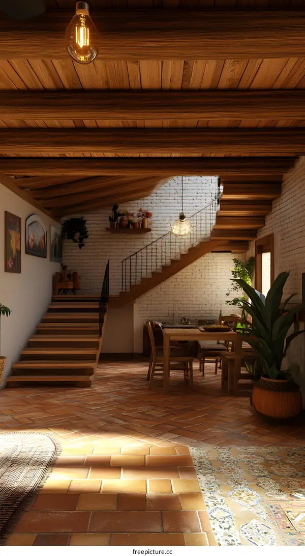 Interior Design of Rustic Home with Wooden Beams and Staircase