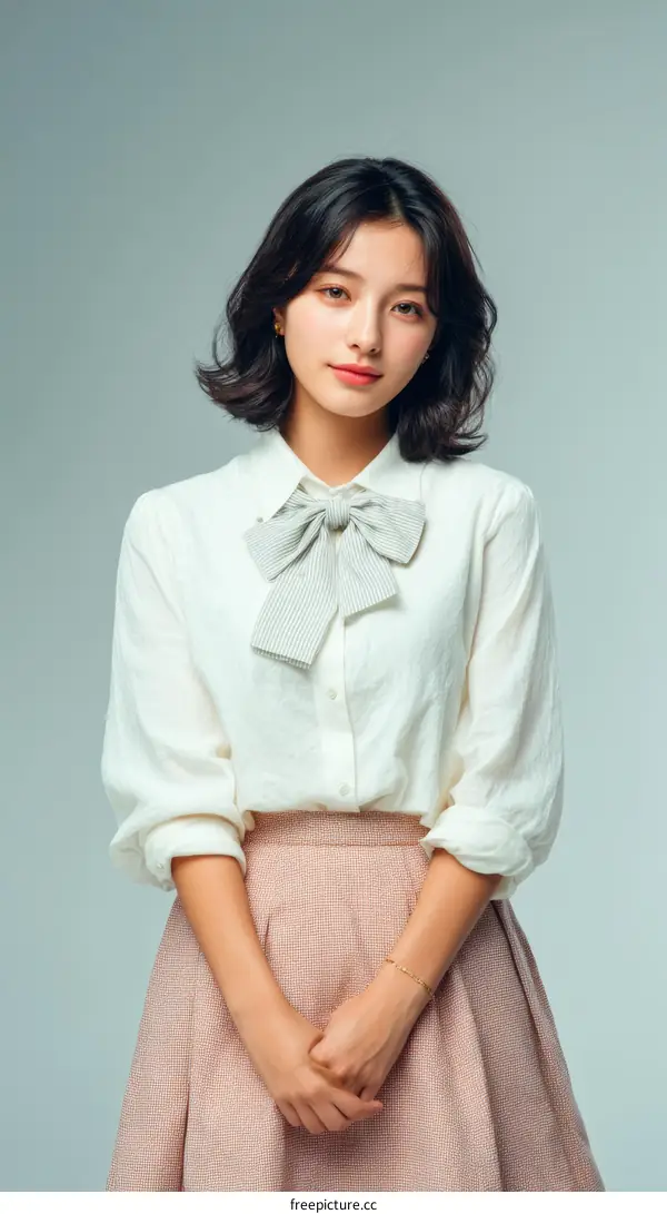Asian Woman in Casual White Shirt and Pink Skirt
