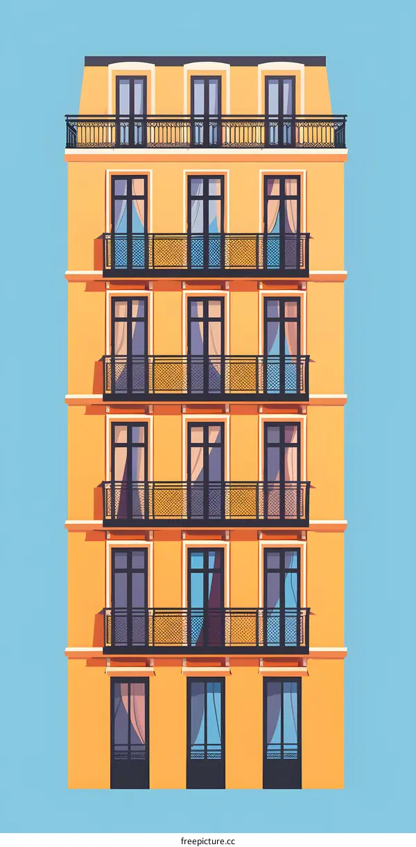 Yellow Building with Balconies Illustration