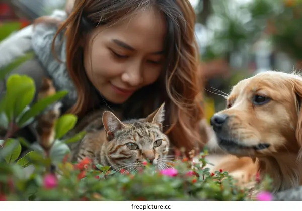A young woman with a cat and a dog