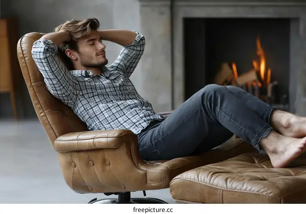 Man Relaxing in Leather Armchair by Fireplace