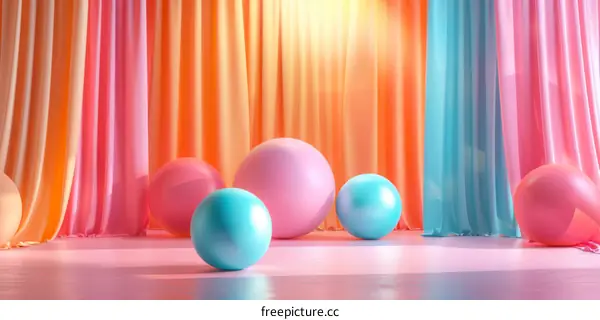 Colorful Geometric Sphere Display Against Drapery