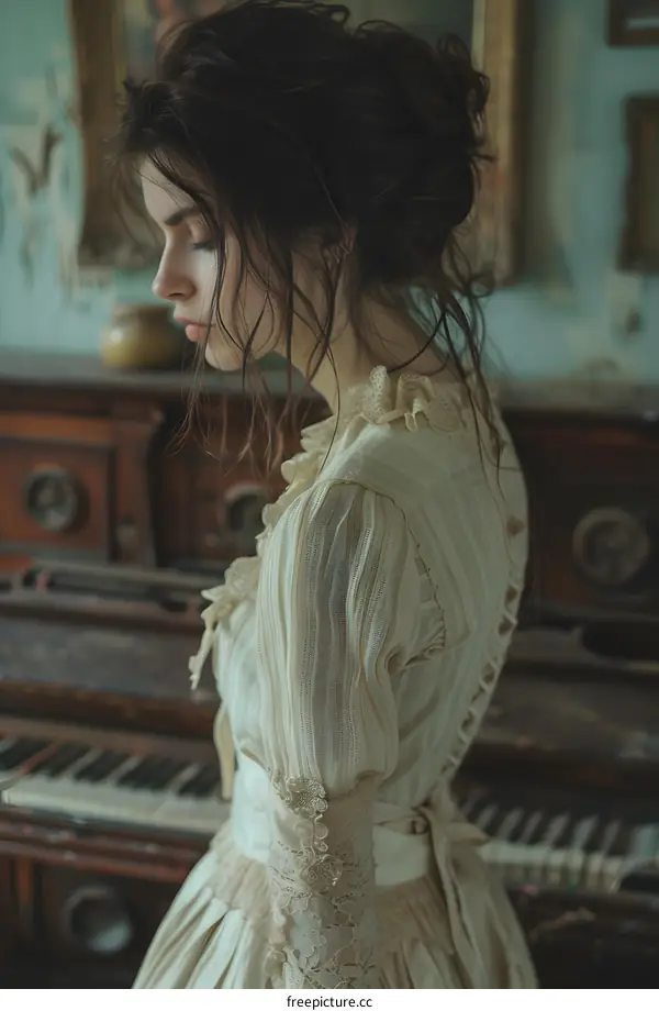 portrait of a young woman in a vintage dress standing next to a piano