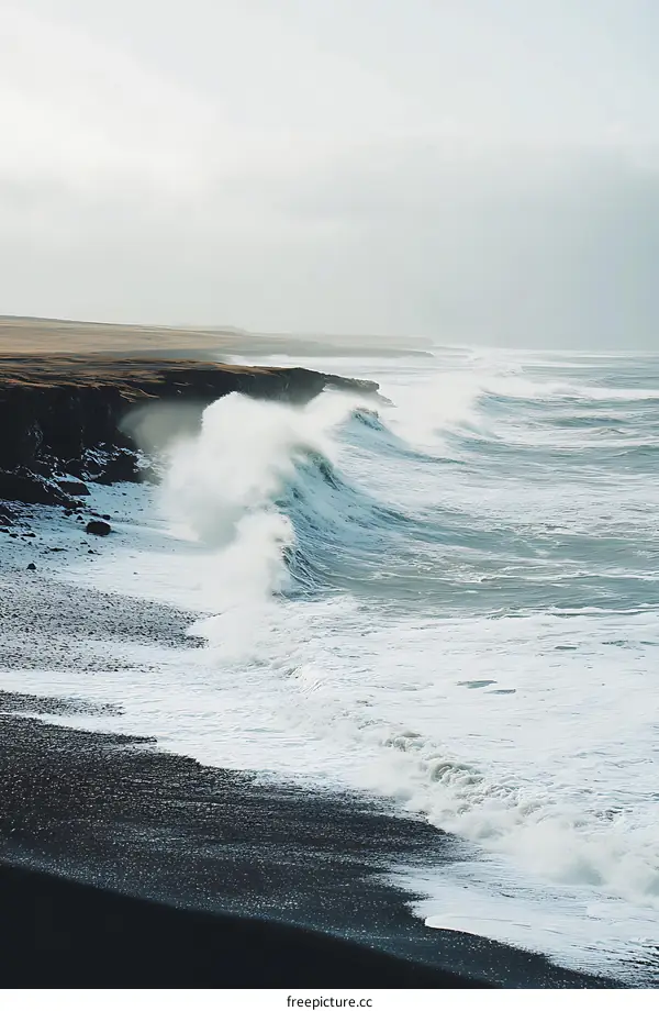 Waves Crashing on Black Sand Beach Iceland