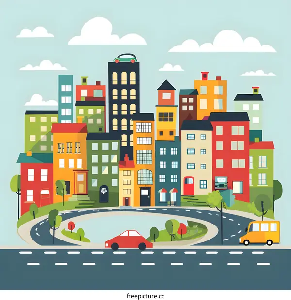 Colorful Cityscape Illustration With Buildings and Cars