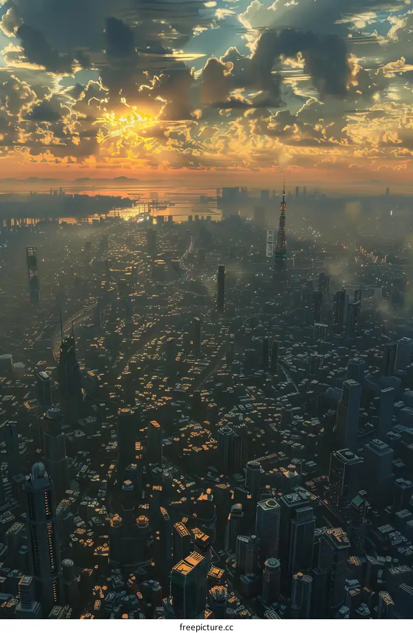 Aerial View of a Futuristic Cityscape at Sunrise