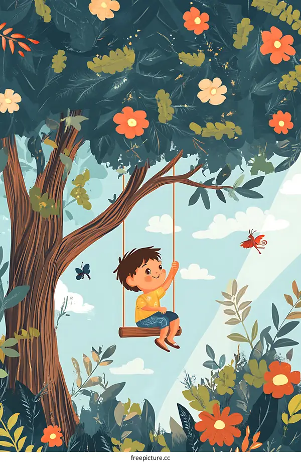 Boy on Swing in a Lush Green Garden