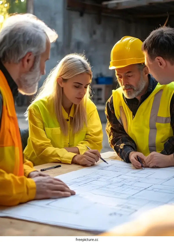 Construction Workers Examining Blueprint Together