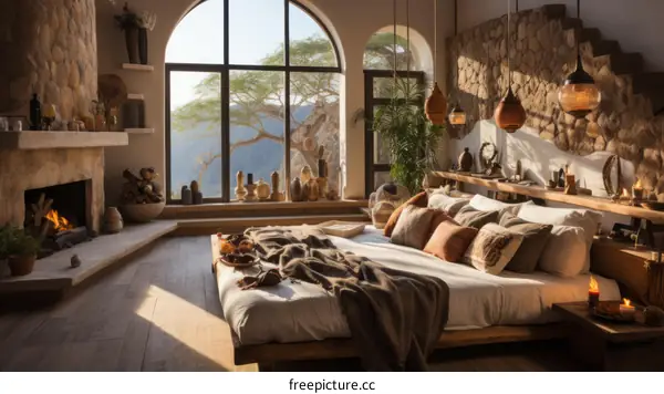 Modern Bedroom Interior with Fireplace, Windows and Stone Walls