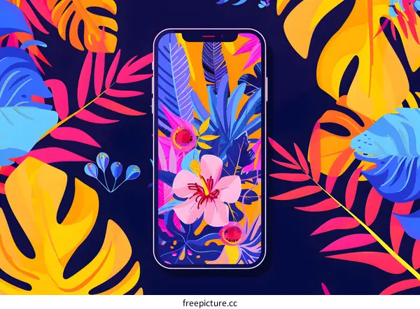 Phone with Tropical Leaves and Flowers Illustration