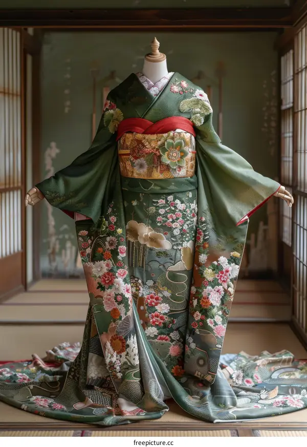 Fashionable Woman in a Colorful Japanese Kimono
