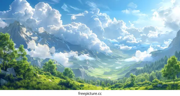 Majestic Mountain Valley Scenery Illustration