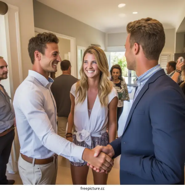 Real estate agent shaking hands with a young couple