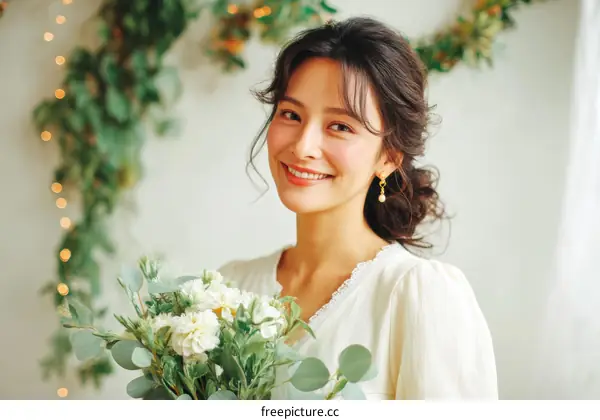Asian Woman with Wedding Bouquet