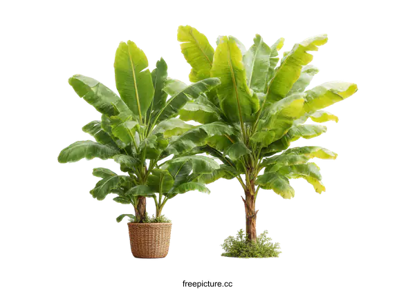 [Transparent Background PNG]Two Banana Trees in Pots Isolated on White Background