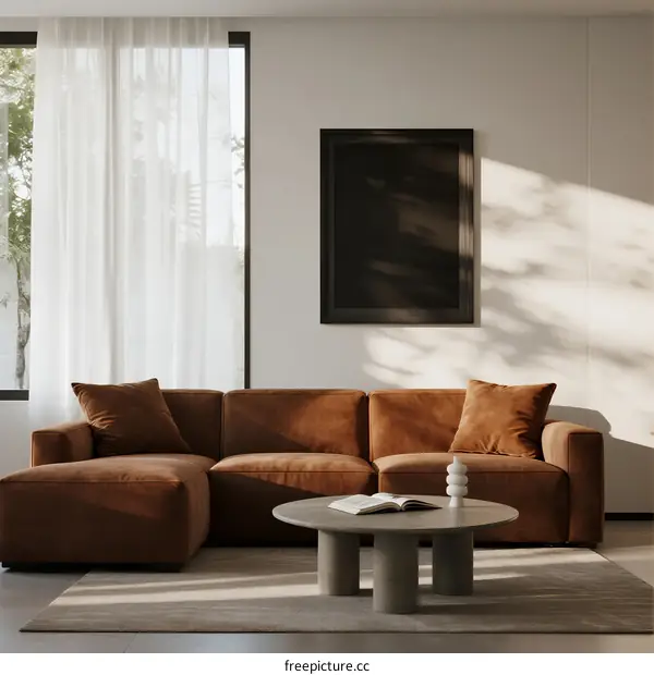 Modern Living Room with Brown Sectional Sofa and Round Coffee Table