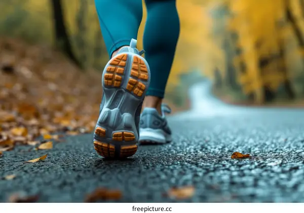 Close-up of a woman's feet running on a wet road in the woods