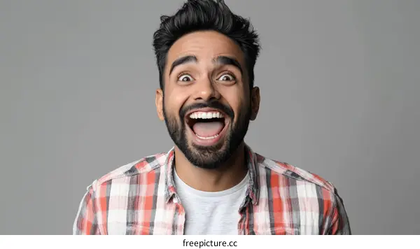 Excited Man Portrait Against Gray Background
