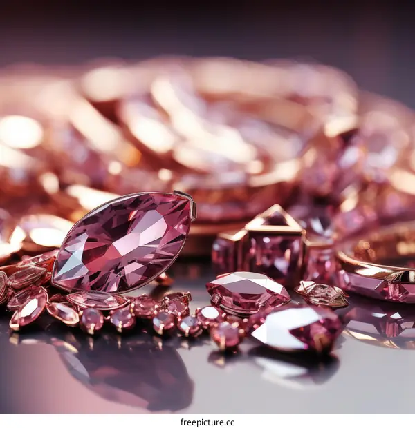Pink gemstone on a reflective surface
