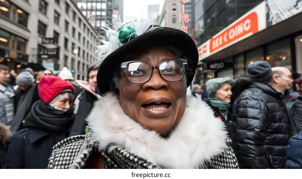 Happy Woman Wearing a Hat in a Crowd of People