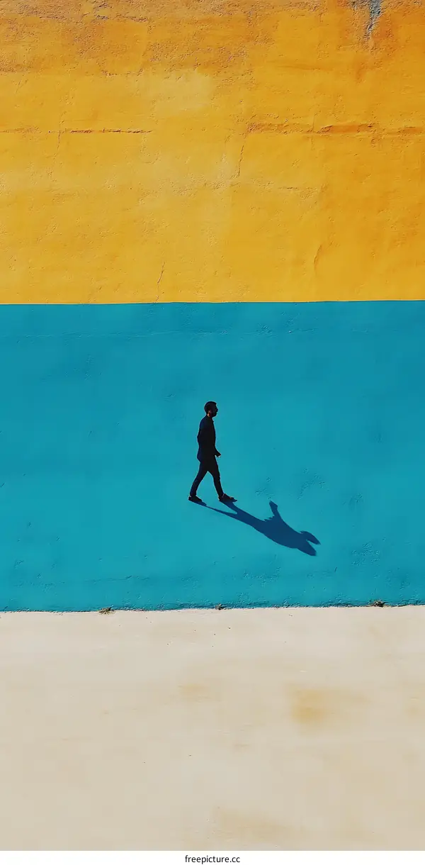 Man Walking on Blue and Yellow Wall