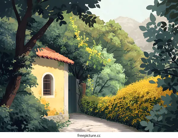 Countryside house with yellow flowers