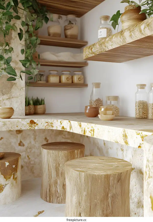 Wooden Countertop with Rustic Stools and Shelves
