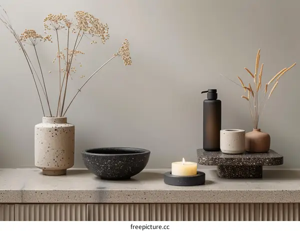 A still life of a ceramic vase, bowl, and candle on a concrete surface.
