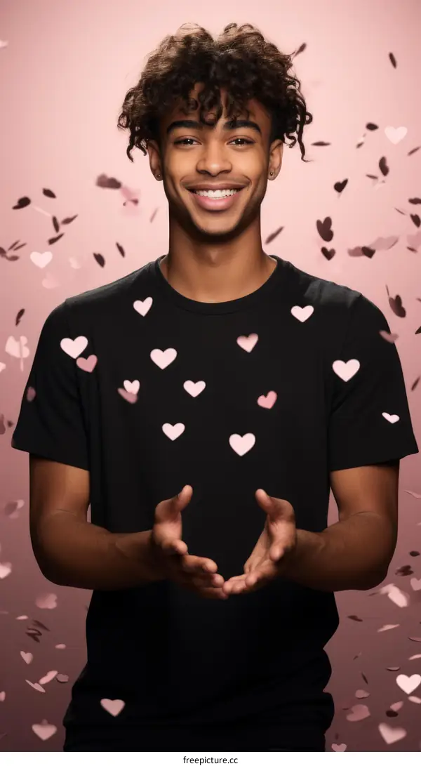 A young man is throwing pink heart-shaped confetti into the air