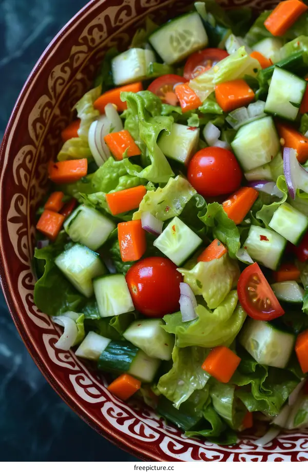 Refreshing and crunchy salad with lettuce, carrots, tomatoes, and cucumbers