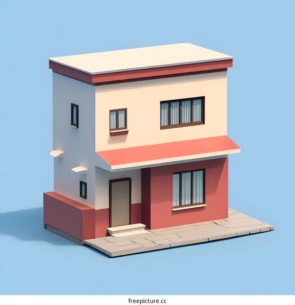 Low Poly 3D Rendered Illustration of a Two Story House with Red Roof and Brown Door