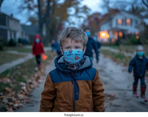 children wearing masks trick or treating during covid