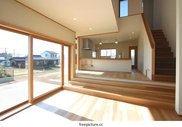 Modern Japanese Home Interior Design with Wooden Floor and Stairs