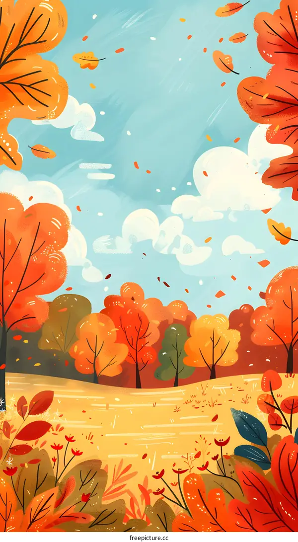 Autumn Landscape with Falling Leaves and a Bright Blue Sky