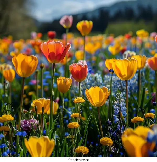 Field of tulips in a variety of colors